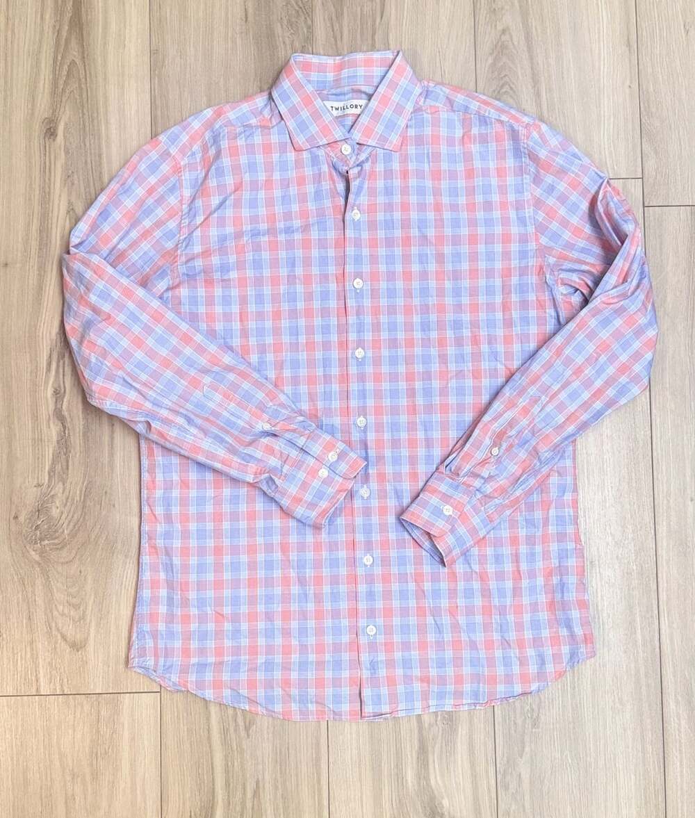 Twillory Tailored Fit Plaid Long Sleeve Button-Down Shirt Pink Blue 16.5 34/35